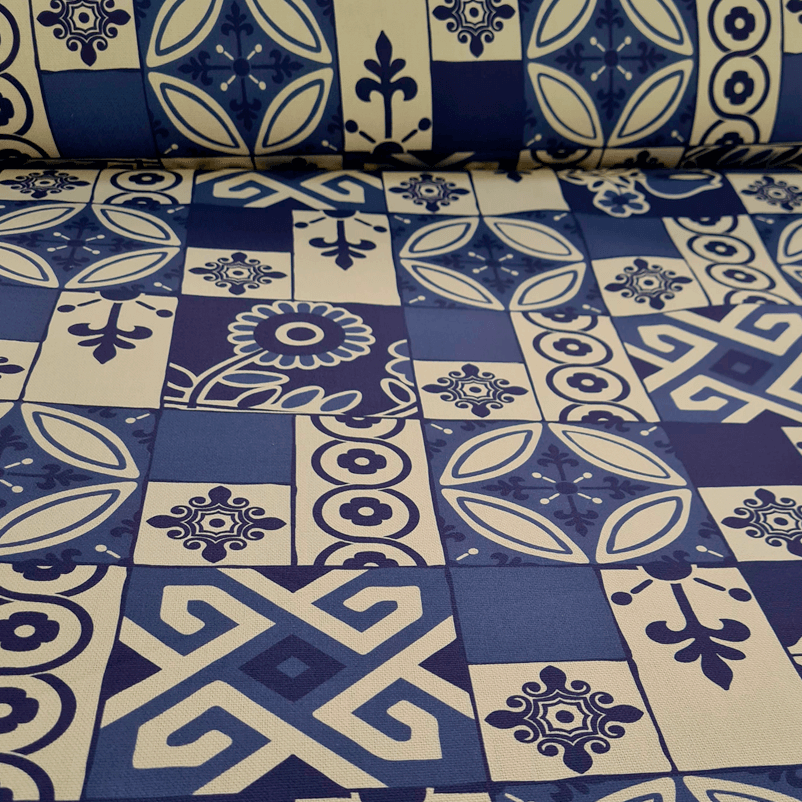 Tela de Loneta Beige Estampada con Azulejos Azules (ancho 2,80M)