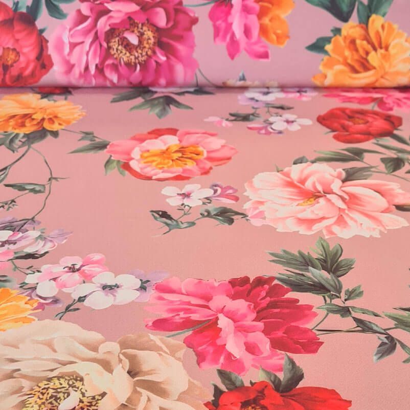 Tela Bielástica Estampado Flores Fondo Rosa Maquillaje (ancho 1,40M)