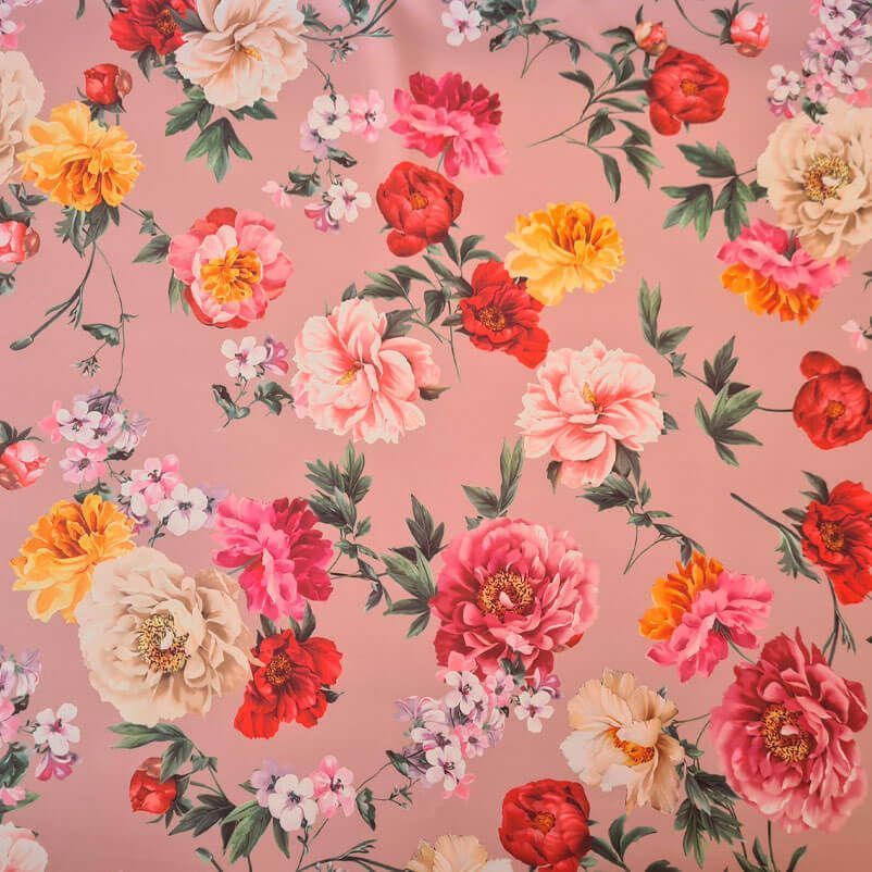 Tela Bielástica Estampado Flores Fondo Rosa Maquillaje (ancho 1,40M) - Imagen 3
