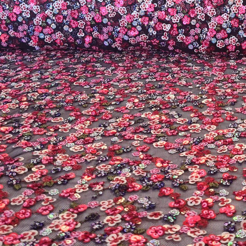 Tela de Tul con Lentejuelas en forma de Flores Rosas y Azules (ancho 1,25M)