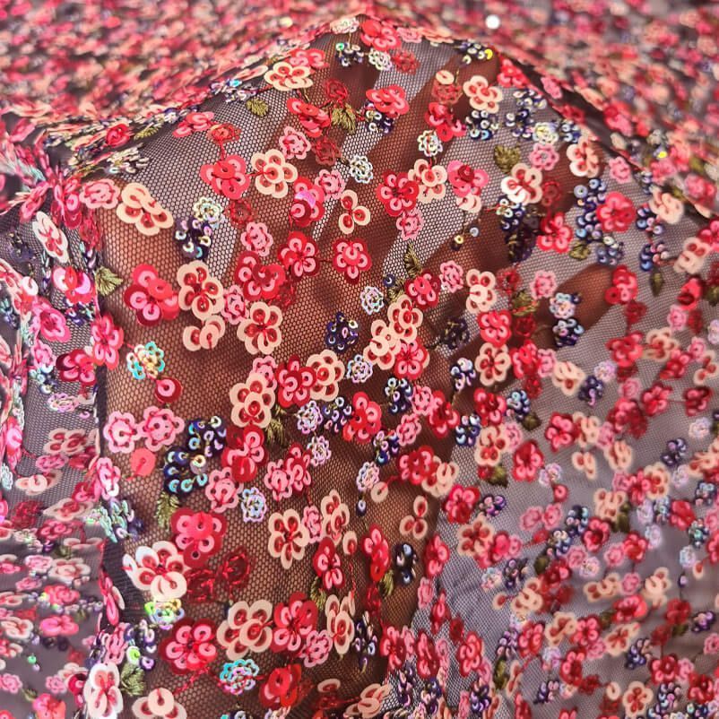 Tela de Tul con Lentejuelas en forma de Flores Rosas y Azules (ancho 1,25M) - Imagen 4