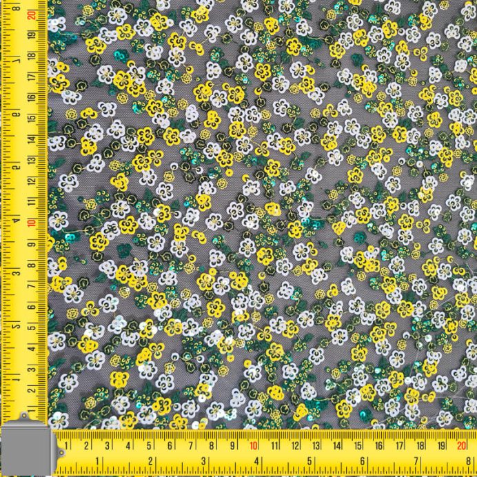 Tela de Tul con Lentejuelas en forma de Flores Amarillas y Blancas (ancho 1,25M) - Imagen 2