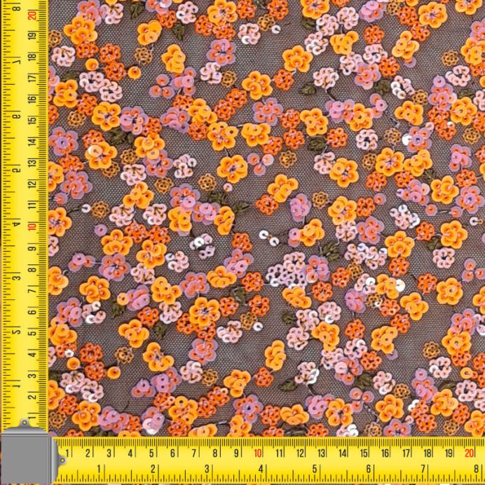 Tela de Tul con Lentejuelas en forma de Flores Malvas y Mostazas (ancho 1,25M) - Imagen 2