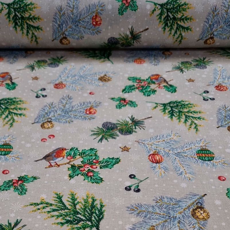 Tela de Batista de Algodón Beige Tostado Navidad (ancho 1,40M)
