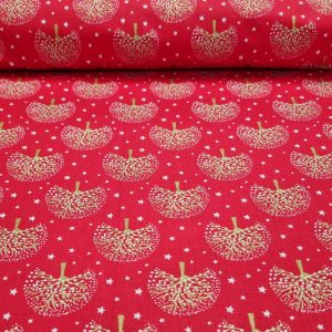 Tela de Batista de Algodón Roja Árboles y Estrellas Navideños (ancho 1,40M)