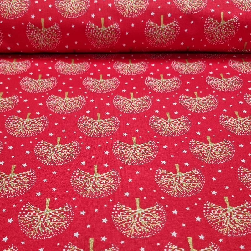 Tela de Batista de Algodón Roja Árboles y Estrellas Navideños (ancho 1,40M)