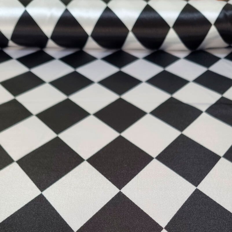 Tela de Raso Carnaval Rombos Arlequín Negro y Blanco (ancho 1,50M)