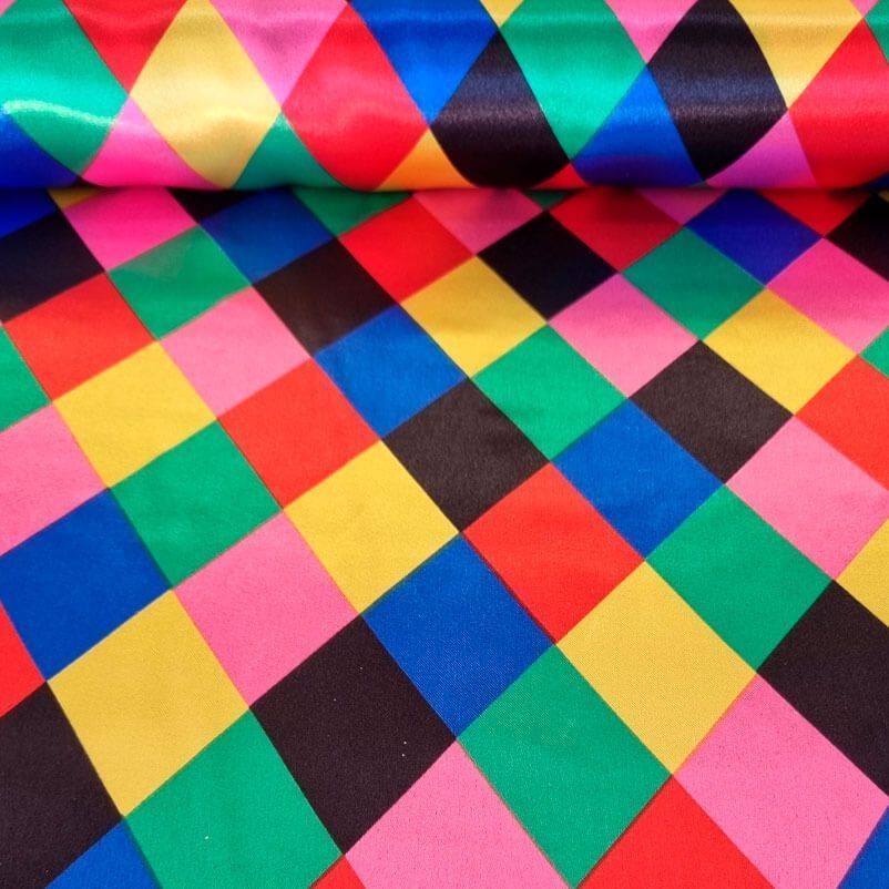 Tela de Raso Carnaval Rombos Arlequín Multicolor Rosa (ancho 1,50M)