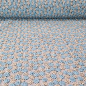 Tela de Malla con Flores Bordadas en Celeste y Oro (ancho 1,30M)