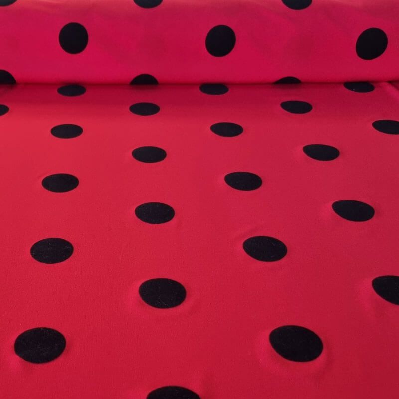 Tela de Punto Roja Lunar Flocado Terciopelo Negro 3cm (ancho 1,45M)