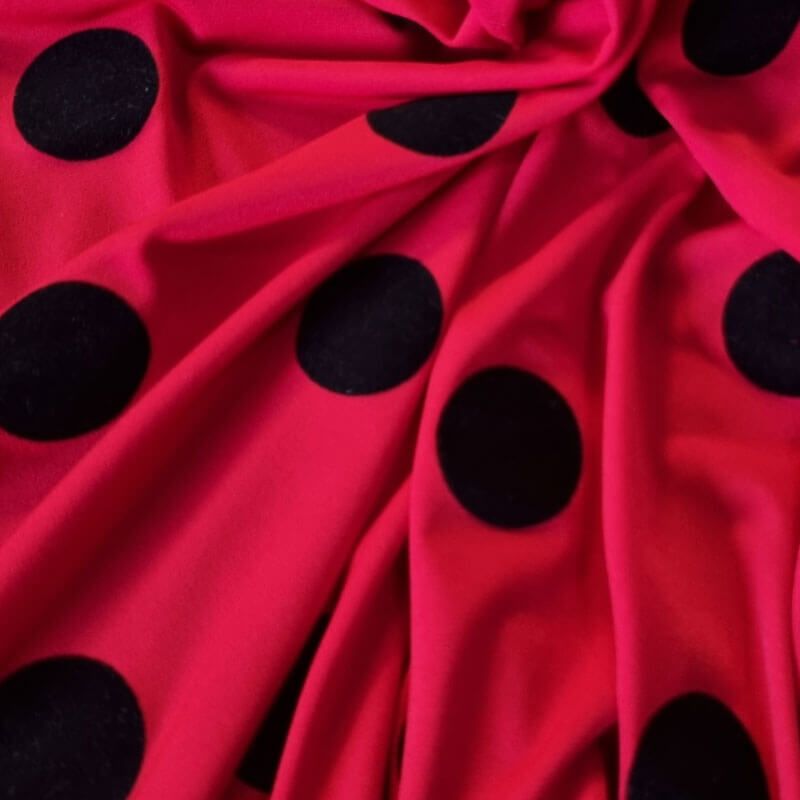 Tela de Punto Roja Lunar Flocado Terciopelo Negro 3cm (ancho 1,45M) - Imagen 2