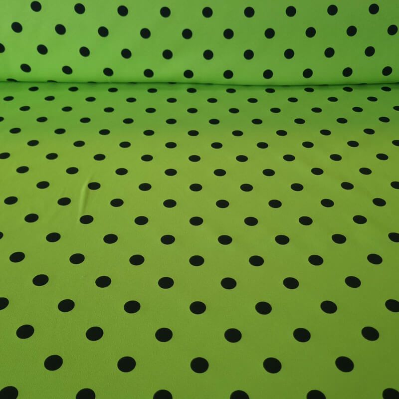 Tela Bielástica Verde Pistacho con Lunares Negros de 1,5cm (ancho 1,50M)