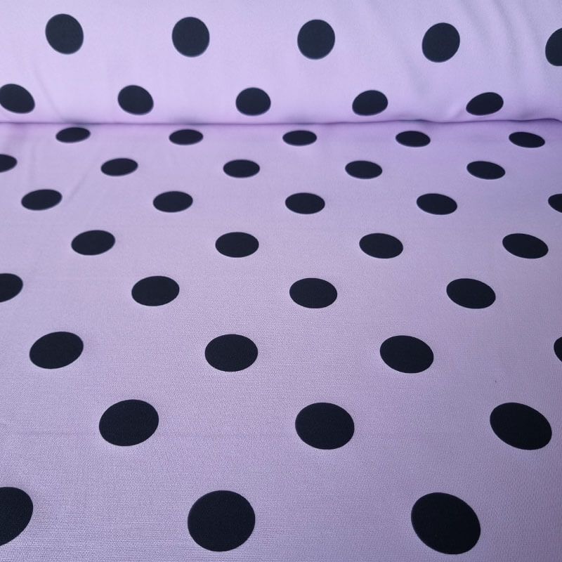 Tela Bielástica Malva con Lunares Negros de 3cm (ancho 1,50M)
