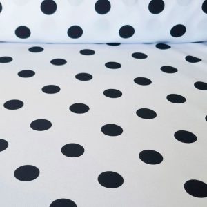 Tela Bielástica Blanco Óptico con Lunares Negros de 3cm (ancho 1,50M)