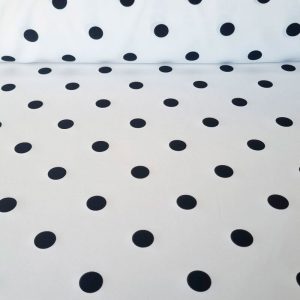 Tela Bielástica Blanco Óptico con Lunares Negros de 2cm (ancho 1,50M)