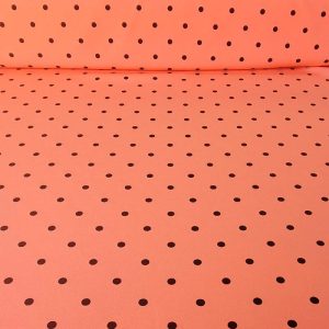 Tela Bielástica Mandarina con Lunares Negros de 7mm (ancho 1,50M)
