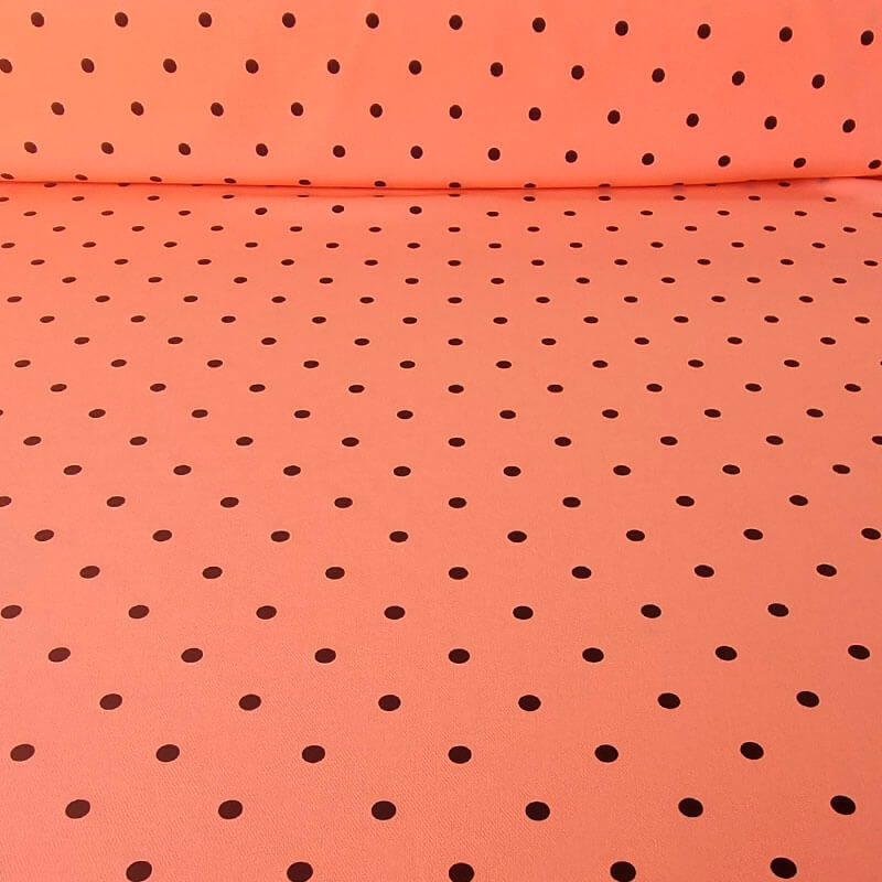 Tela Bielástica Mandarina con Lunares Negros de 7mm (ancho 1,50M)