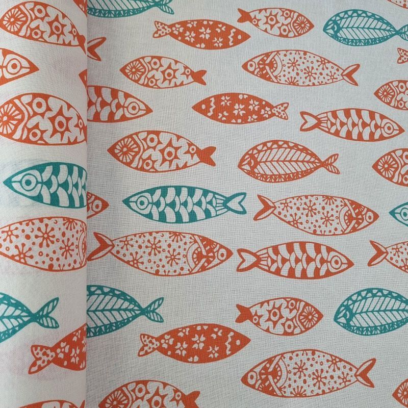 Tela de Mantelería Resinada Antimanchas Cruda Peces (ancho 1,55M)