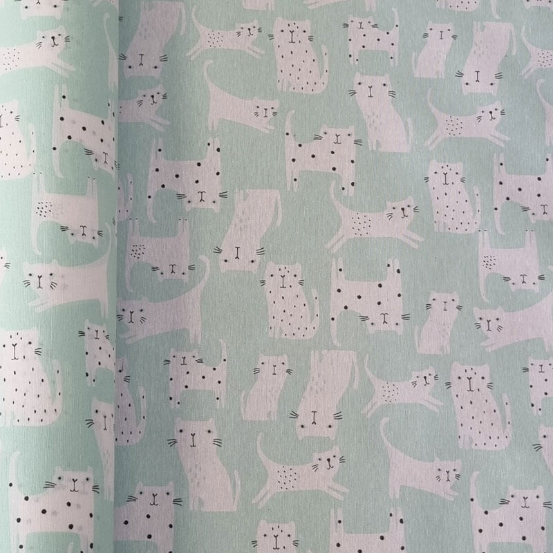 Tela de Mantelería Resinada Antimanchas Verde Agua Gatos (ancho 1,40M)