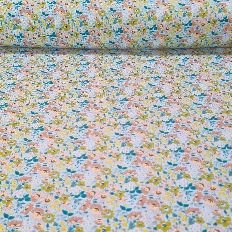 Tela de Popelín Verde Agua 100% Algodón Flores (ancho 1,50M)