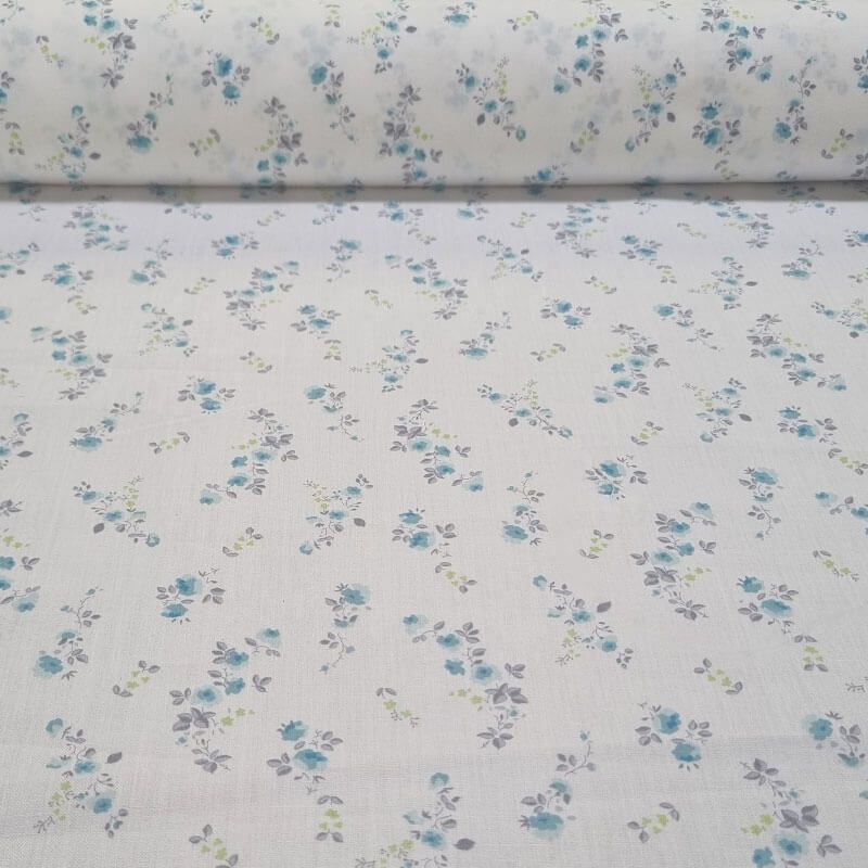 Tela de Popelín Blanca 100% Algodón Flores Turquesa (ancho 1,50M)