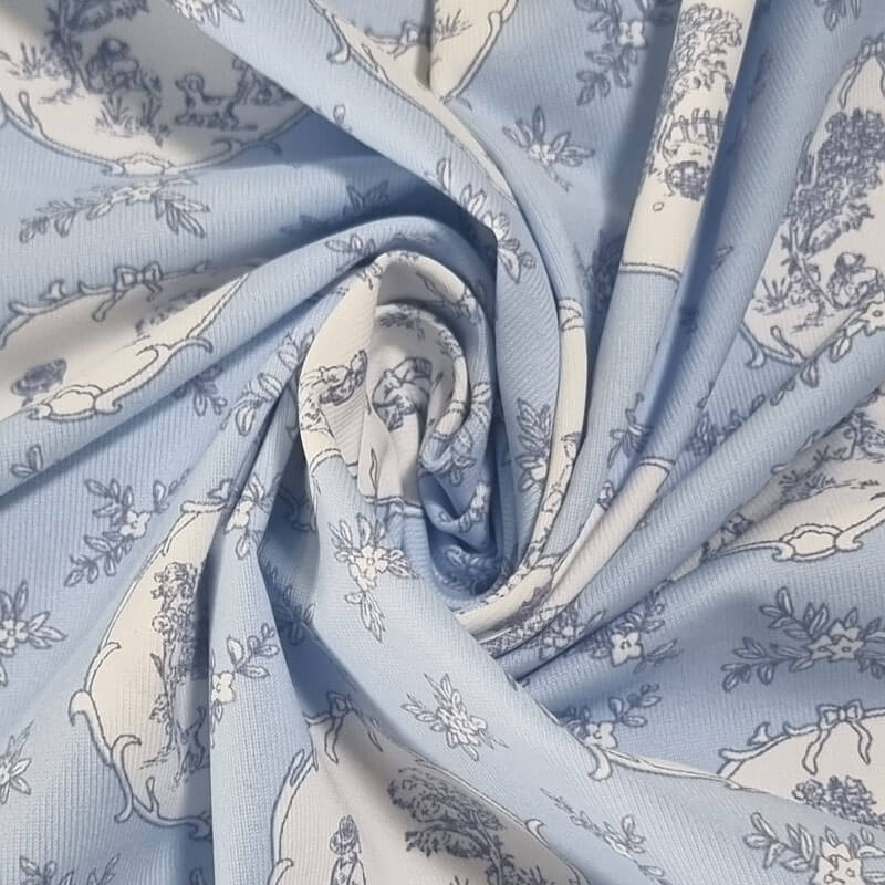 Tela de Lycra de Baño Celeste Estampado Toile Jouy (ancho 1,50M) - Imagen 2