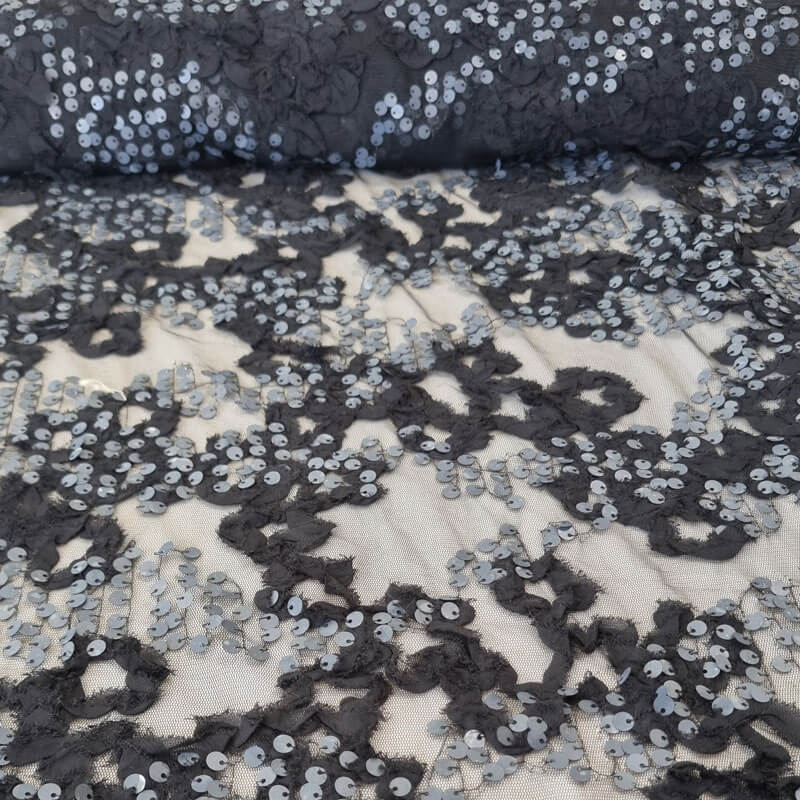 Tela de Tul Negra con Lentejuelas Grises (Ancho 1,45M)