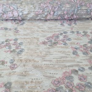 Tela de Tul Invisible Bordada con Flores y Lentejuelas (Ancho 1,40M)