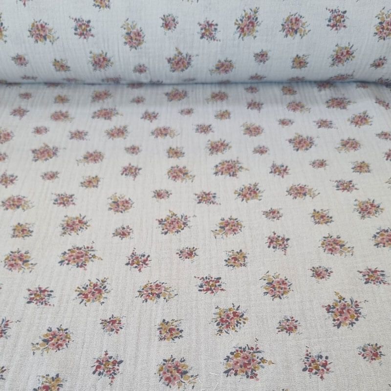Tela de Doble Gasa Bambula Verde Ramilletes Rosas (ancho 1,40M)