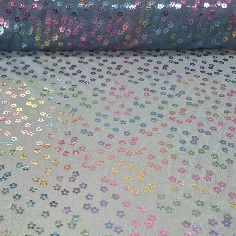 Tela de Tul Fantasía Azul Lacado en Flor Multicolor (ancho 1,60M)