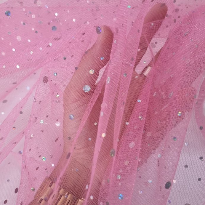 Tela de Tul Fantasía Fucsia Glitter Plata en relieve (ancho 1,60M) - Imagen 3