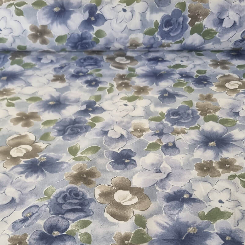 Tela de Viella Azul Azafata Flores 100% algodón (ancho 1,50M)