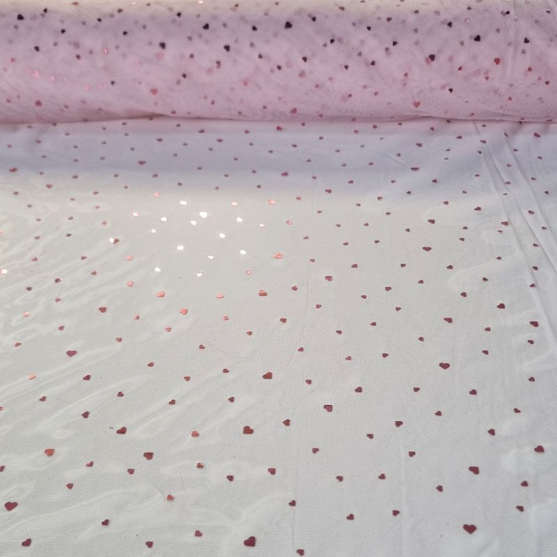 Tela de Tul Rosa con Corazones Lacados (ancho 1,60M)