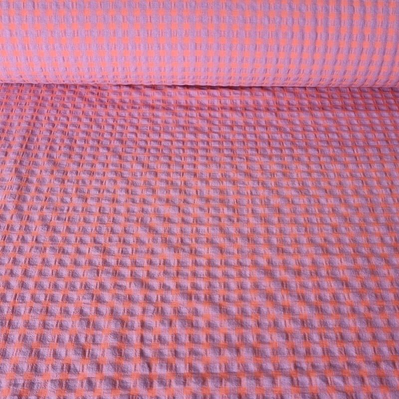 Tela de Cuadros Vichy Medio Seersucker Coral/Malva (ancho 1,45M)