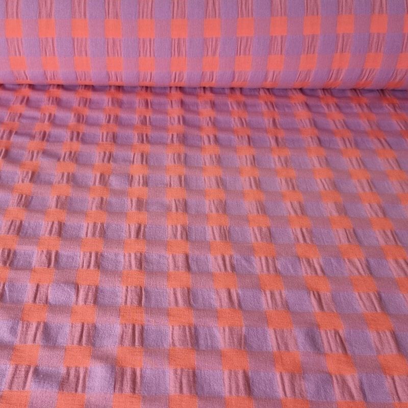 Tela de Cuadros Vichy Maxi Seersucker Coral/Malva (ancho 1,45M)