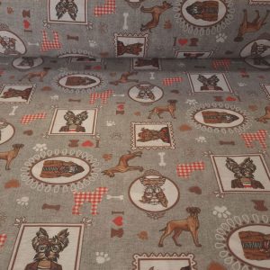 Tela de Loneta Gris con Perros y Detalles Vintage (ancho 2,80M)