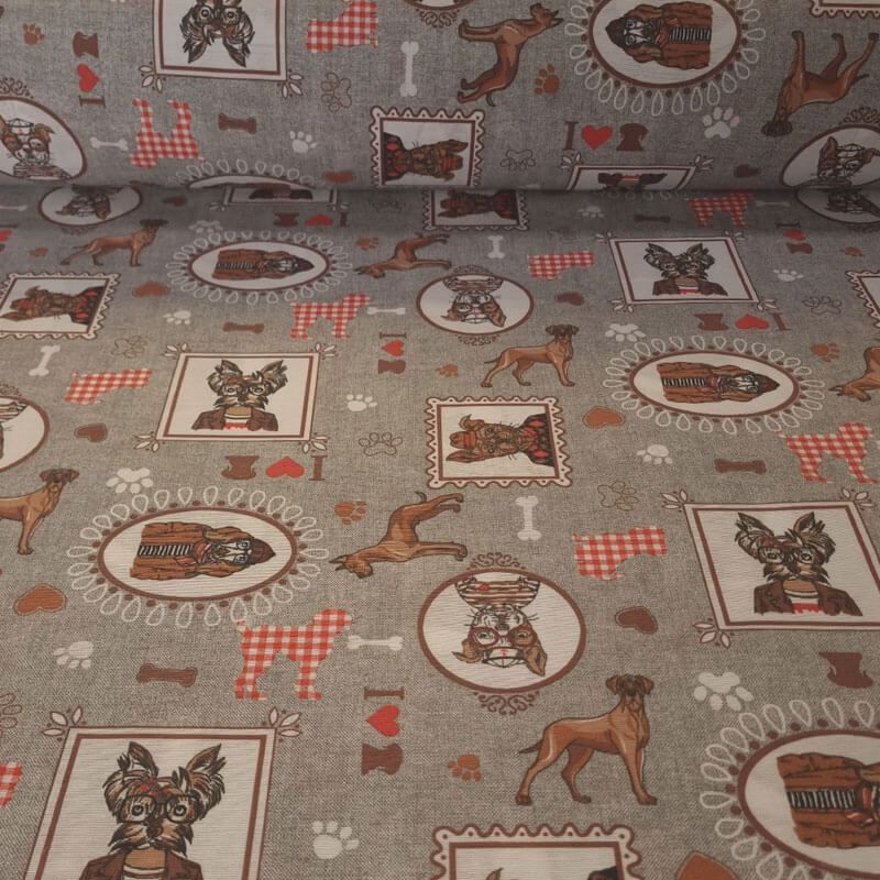 Tela de Loneta Gris con Perros y Detalles Vintage (ancho 2,80M)