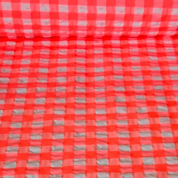 Tela de Cuadros Vichy Grande Seersucker Rosa Flúor (ancho 1,45M)
