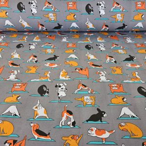 Tela de Loneta Gris Estampada con Perros Yoga (ancho 2,80M)