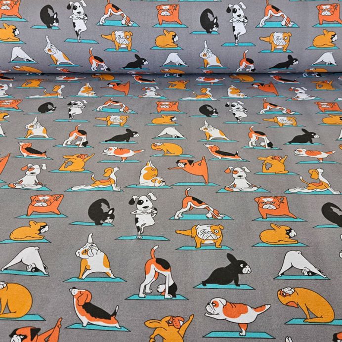 Tela de Loneta Gris Estampada con Perros Yoga (ancho 2,80M)