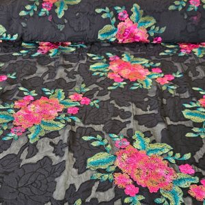 Tela de Gasa Devoré Negra Bordada en Flores con Blondas (ancho 1,25M)