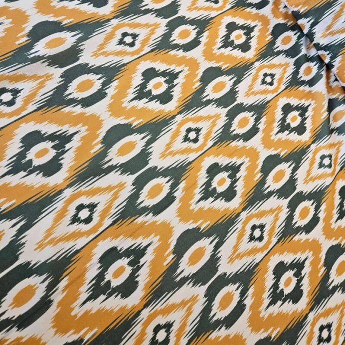 Tela Cruda Efecto Lino estampado Ikat Mostaza y Verde (ancho 1,50M) - Imagen 3