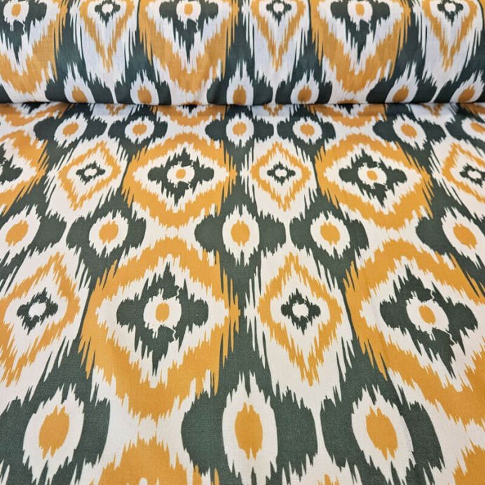 Tela Cruda Efecto Lino estampado Ikat Mostaza y Verde (ancho 1,50M)