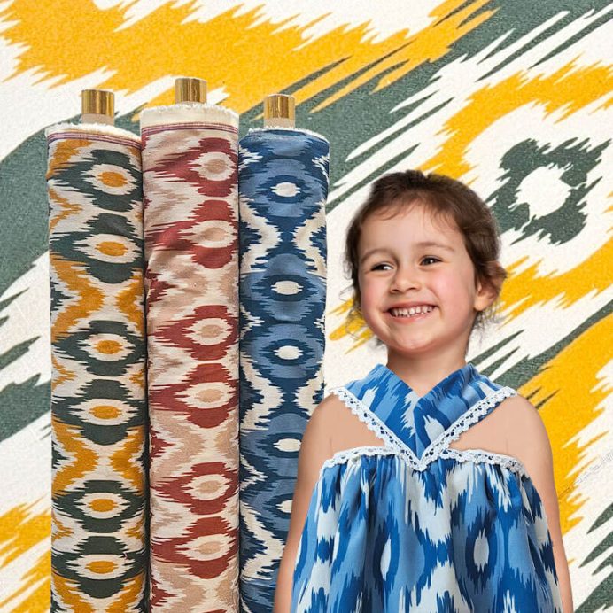 Tela Cruda Efecto Lino estampado Ikat Mostaza y Verde (ancho 1,50M) - Imagen 2
