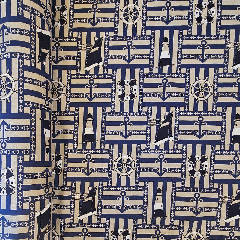 Tela de Loneta Estampada Half Panamá Beige Marinera 100% Algodón (ancho 2,80M)