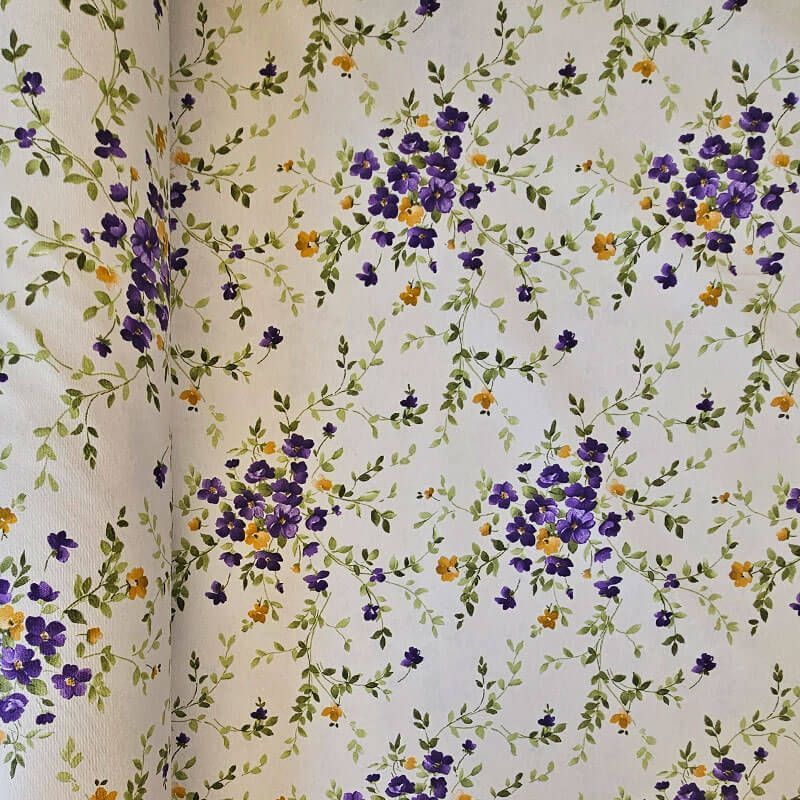 Tela de Loneta Estampada Half Panamá Beige Flores Moradas (ancho 2,80M)