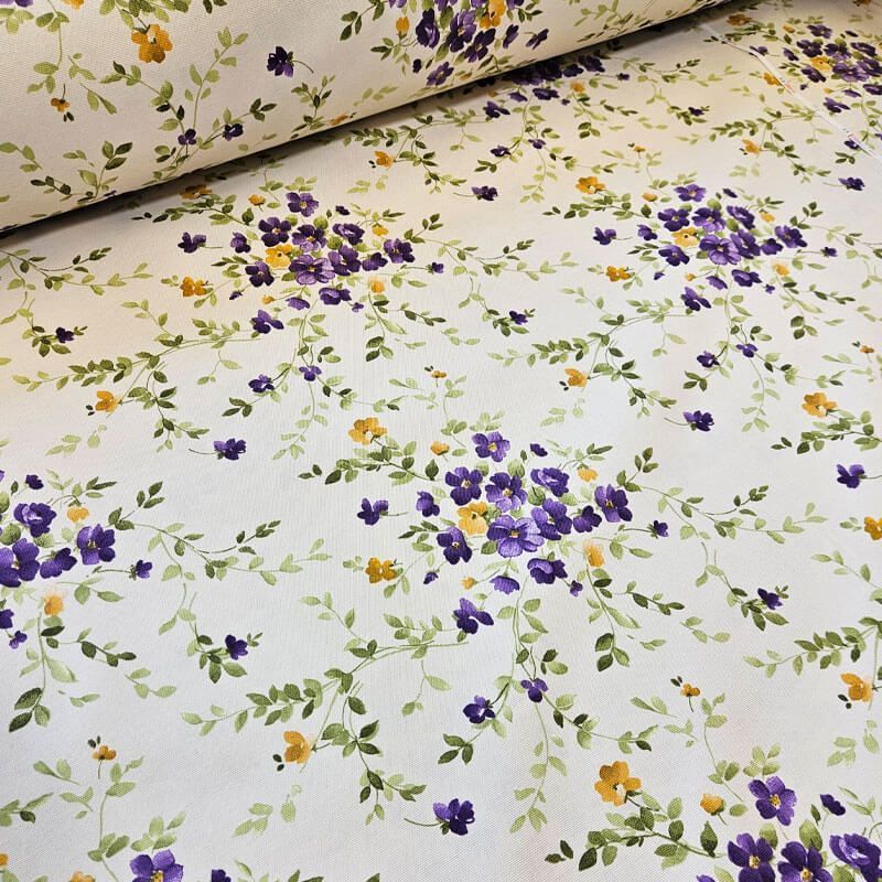Tela de Loneta Estampada Half Panamá Beige Flores Moradas (ancho 2,80M) - Imagen 2