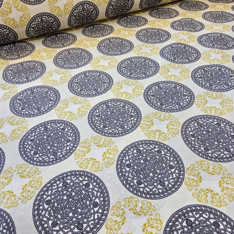 Tela de Loneta Blanca Mandalas Gris y Verde Aceite (ancho 2,80M) - Imagen 2