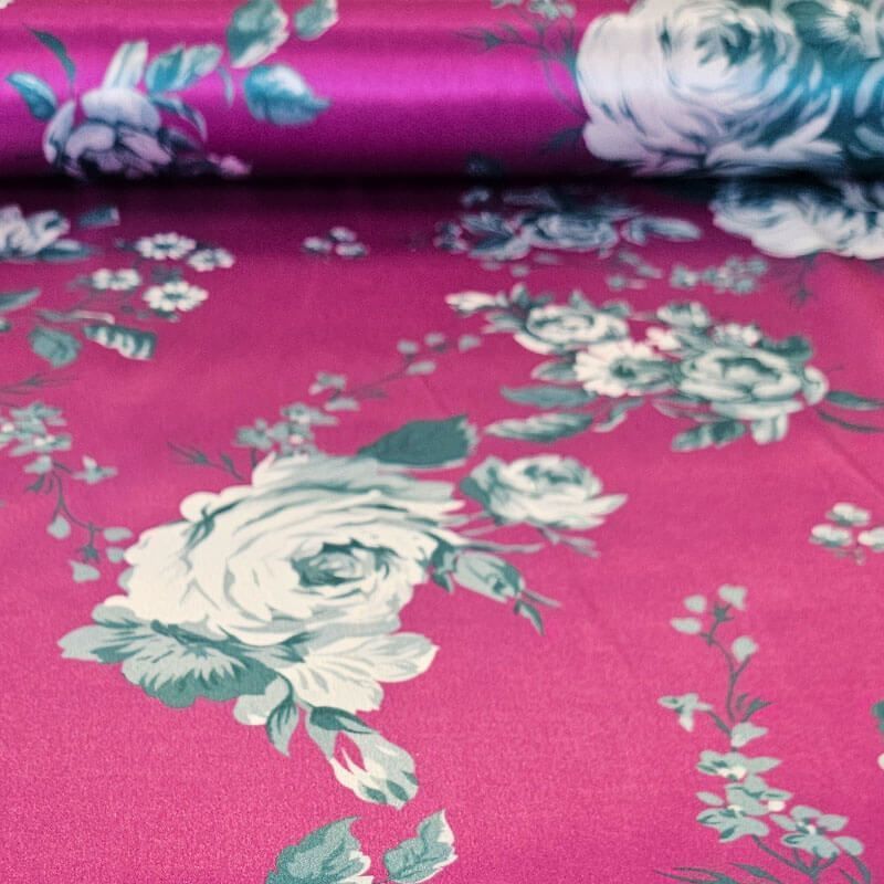 Tela de Satén Buganvilla Estampado Rosas (ancho 1,45M)
