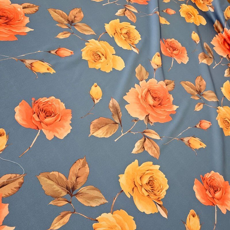 Tela de Satén Azul Índigo Estampado Rosas Naranjas (ancho 1,45M) - Imagen 3